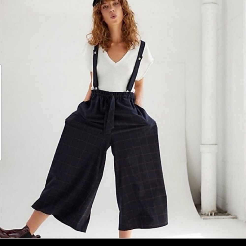 Free People Hop To It Suspender Windowpane Plaid Pants Medium